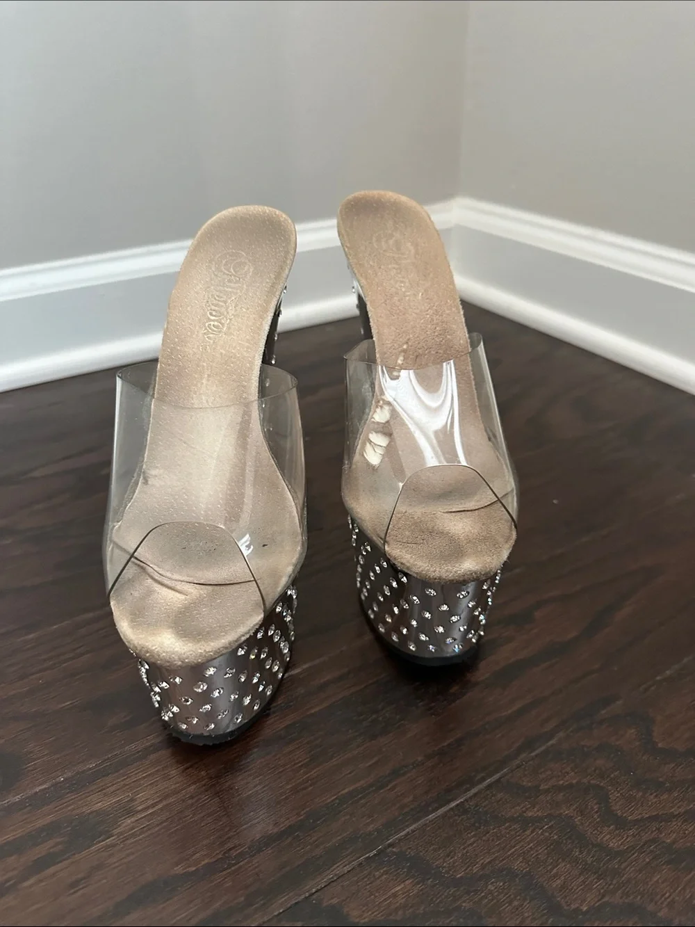Crystal-Embellished Clear Platform Heels in Silver